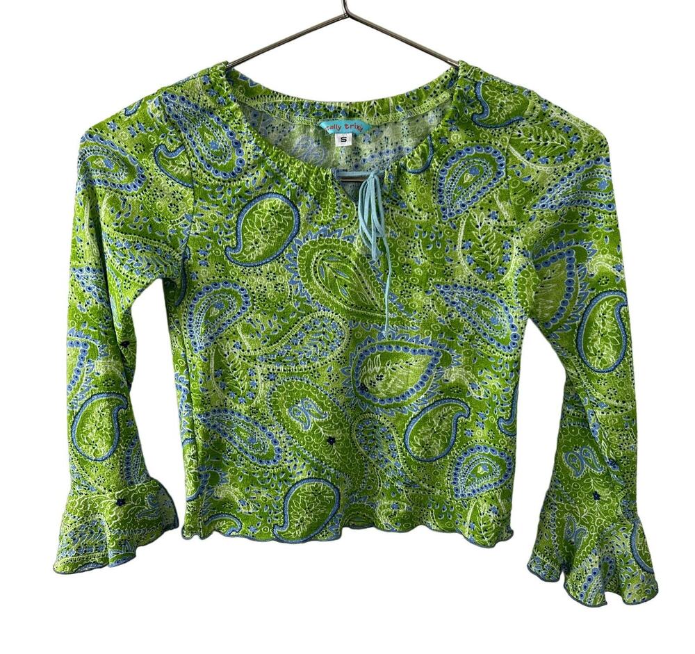 Totally Trixie Green Paisley Print Long Bell Sleeve Tie Neck Pullover Top Size S
